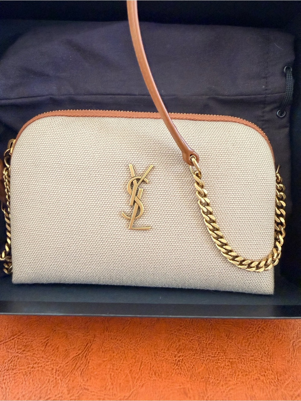 Saint Laurent Beige Canvas Crossbody with Gold Chain and Tan Trim